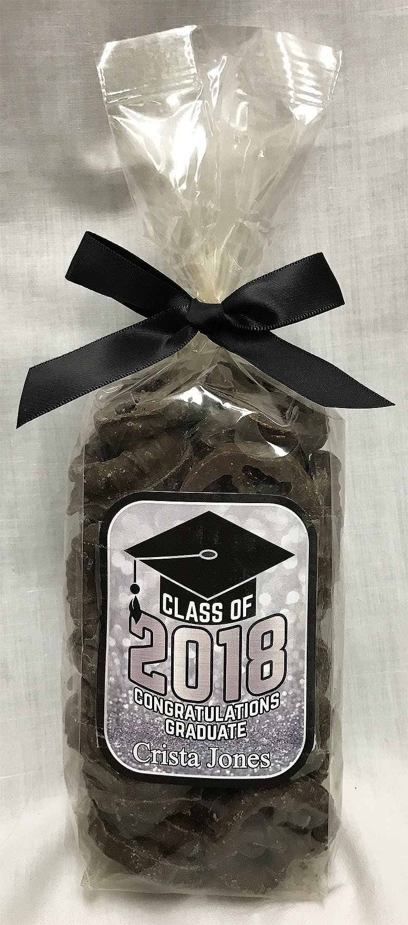 Silver Graduation Bag of Milk Chocolate Covered Pretzels