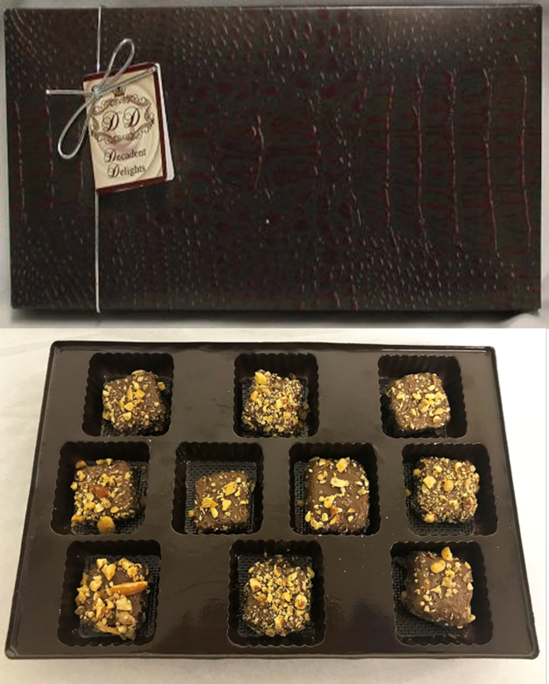 Brown 9.5" Length X 6" Wide Crocodile Box Filled With Milk Chocolate English Butter Almond Toffee