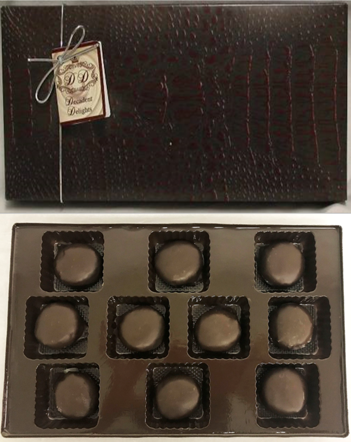 Brown 9.5" Length x 6" Wide Crocodile Box Filled With Dark Chocolate Mint Patties