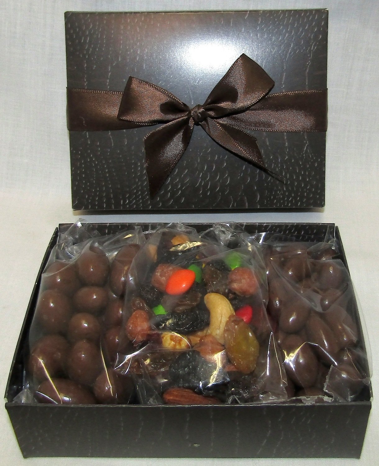Brown 5" Length X 4" Wide Crocodile Box Filled with Milk Chocolate Covered Almonds, Fruit & Nut, Dark Chocolate Covered Raisins.