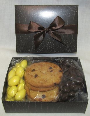 ​Brown 5" Length X 4" Wide Crocodile Box Filled with Dark Chocolate Covered Raisins, Chocolate Chip Cookies, Lemon Chocolate Covered Almonds.