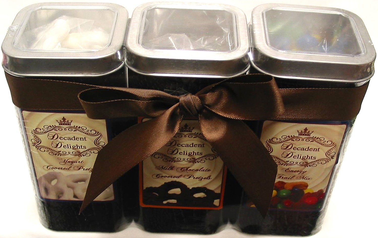 3 Pack 2.5" Wide X 2.5" Wide X 5.5" Height Crocodile Tins With Clear Window Filled With Yogurt Covered Pretzels, Milk Chocolate Covered Pretzels, Fruit & Nut Mix.