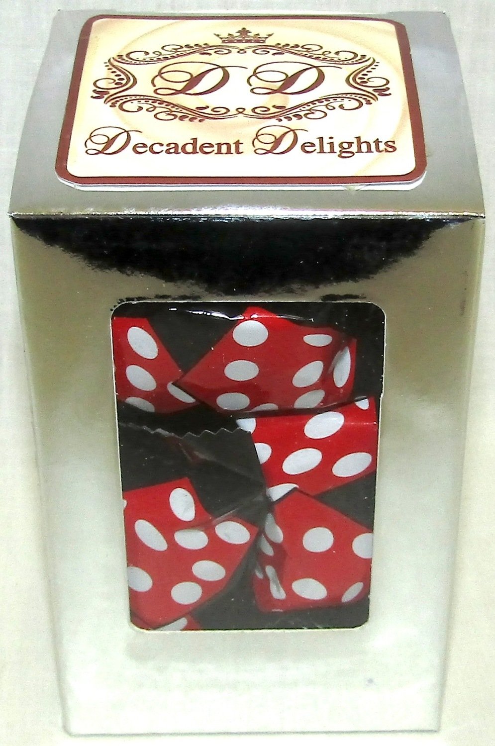 Silver Foil 2.5" Wide X 2.5" Wide X 4" Height Box Filled With Gourmet Mint Chocolate Truffle with Black Red Dice Wrapper
