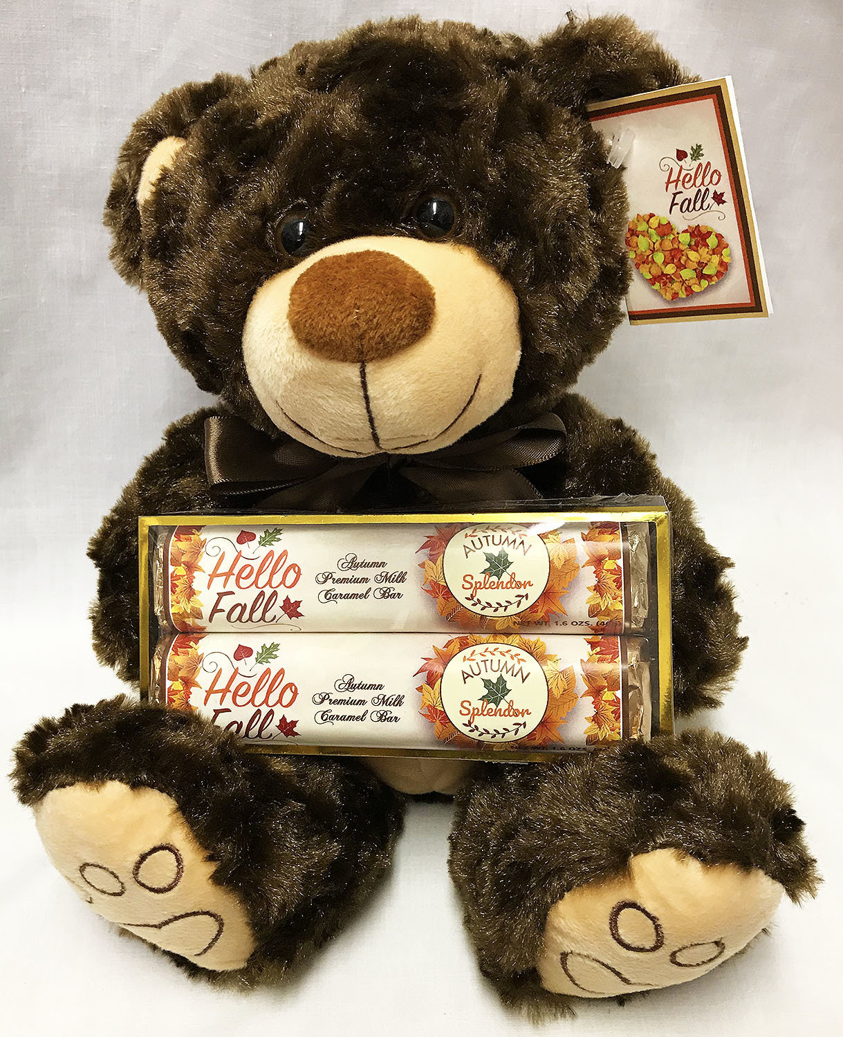 Fall 9" Plush Bear with 2 Pack Candy Bars (Milk Chocolate Caramel) Acetate Box: 5 11/16" L x 2 9/16 W