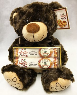 Fall 9" Plush Bear with 2 Pack Candy Bars (Milk Chocolate Caramel) Acetate Box: 5 11/16" L x 2 9/16 W