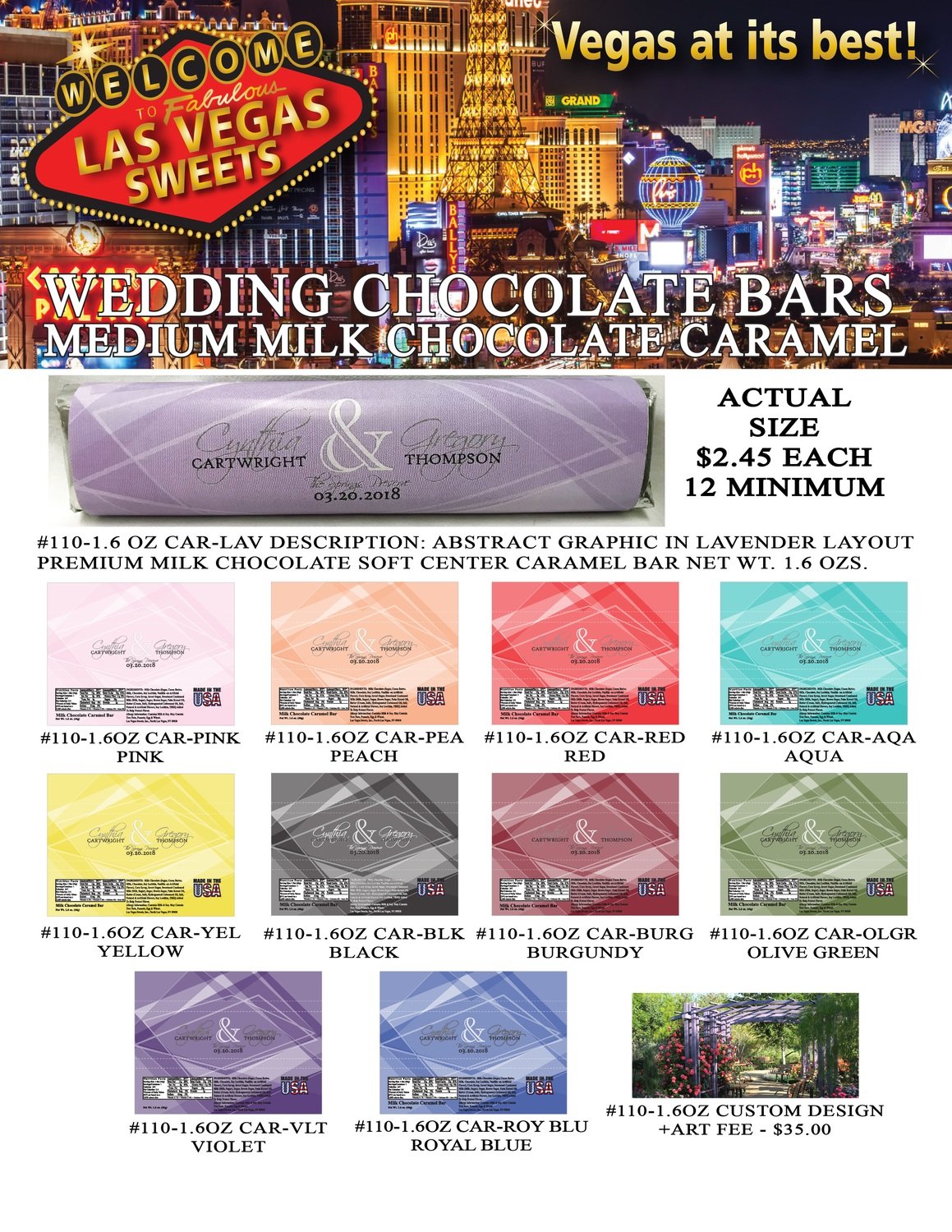 Las Vegas Wedding Bar - Medium 1.6oz Milk Chocolate Caramel Abstract Design