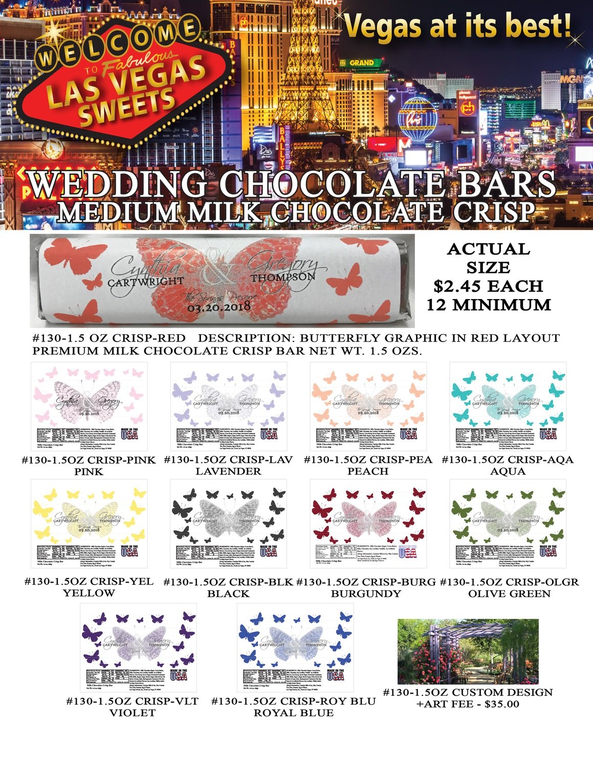 Las Vegas Wedding Bar - Medium 1.5oz Milk Chocolate Crisp Butterfly Design