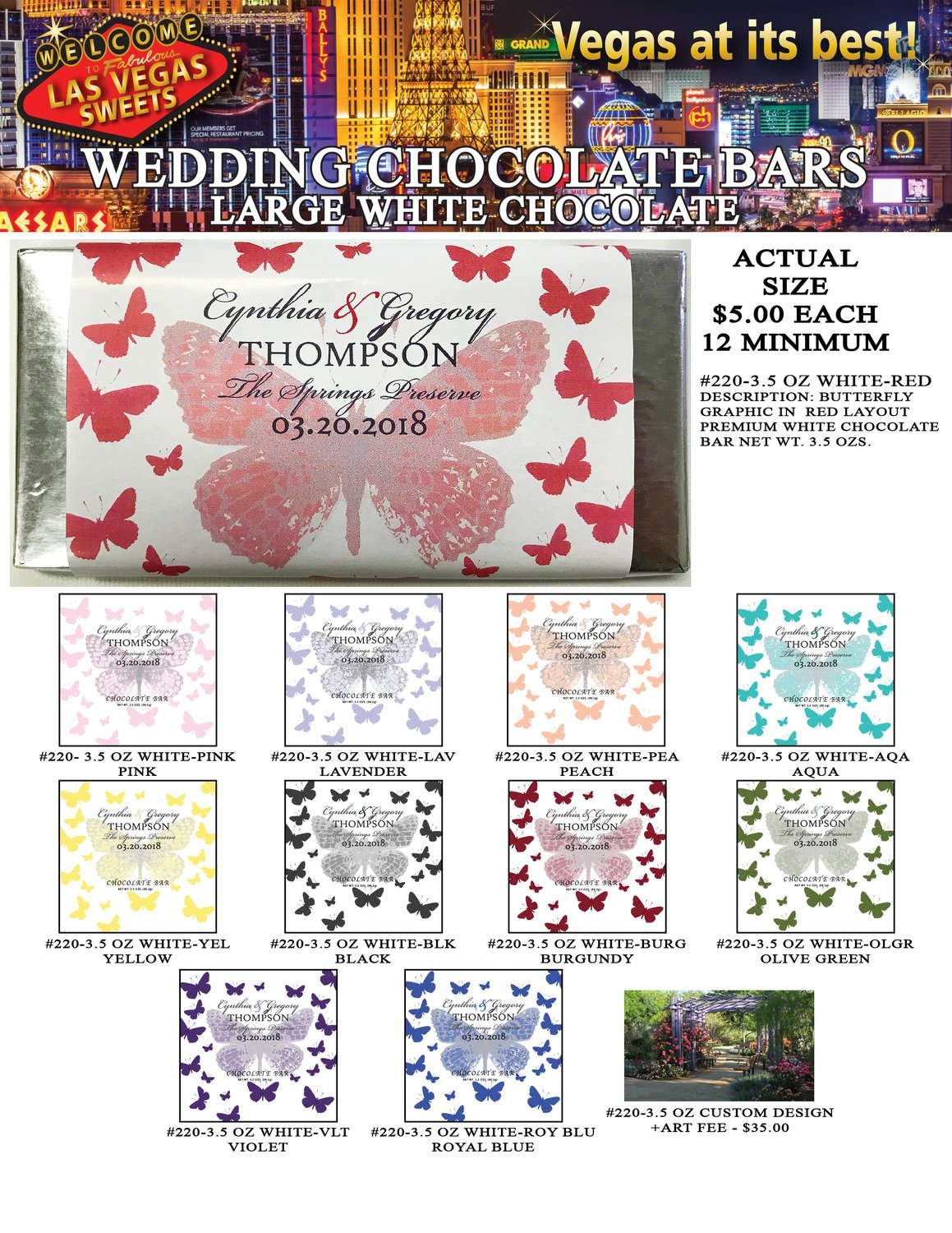 Las Vegas Wedding Bar - Large 3.5oz White Chocolate Butterfly Design