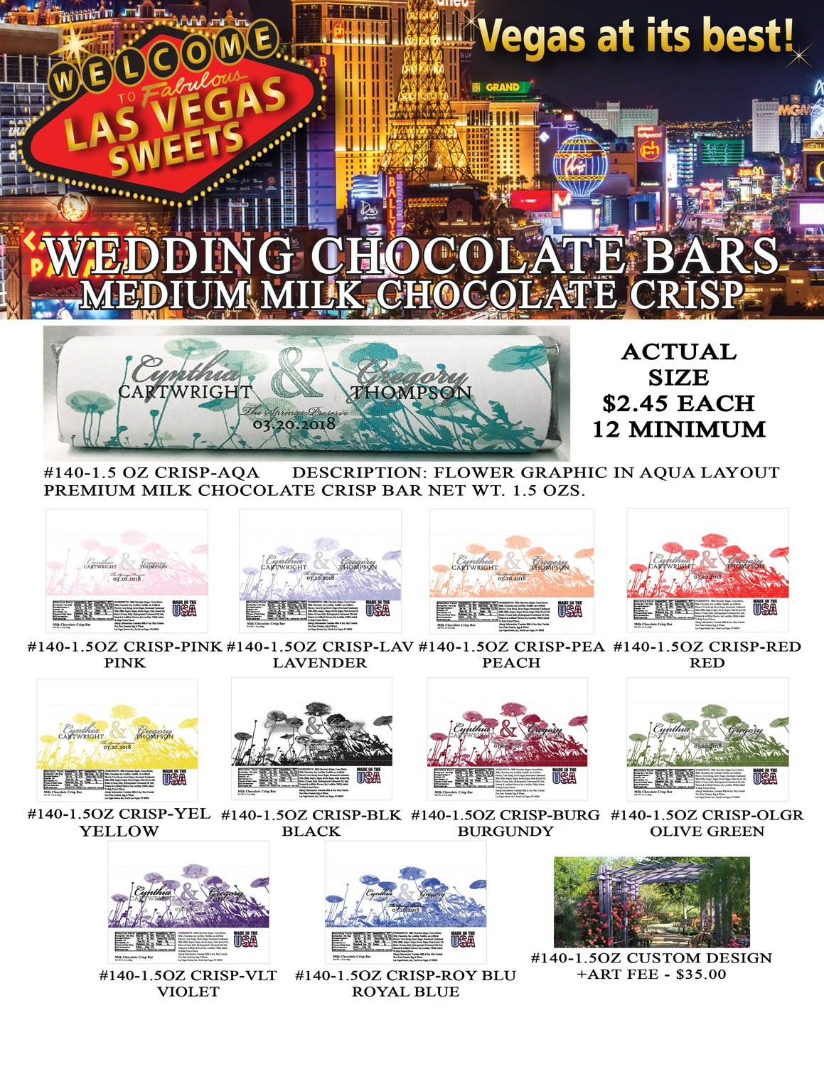 Las Vegas Wedding Bar - Medium 1.5oz Milk Chocolate Crisp Flower Design