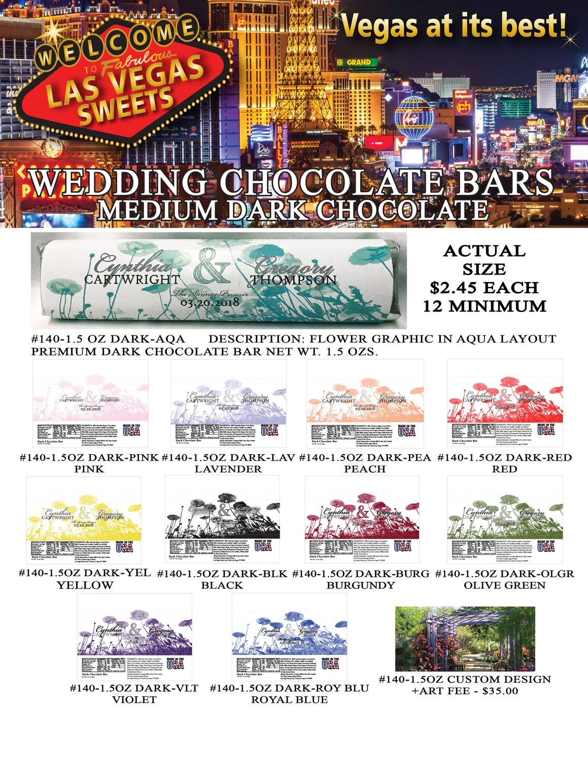 Las Vegas Wedding Bar - Medium 1.5oz Dark Chocolate Flower Design