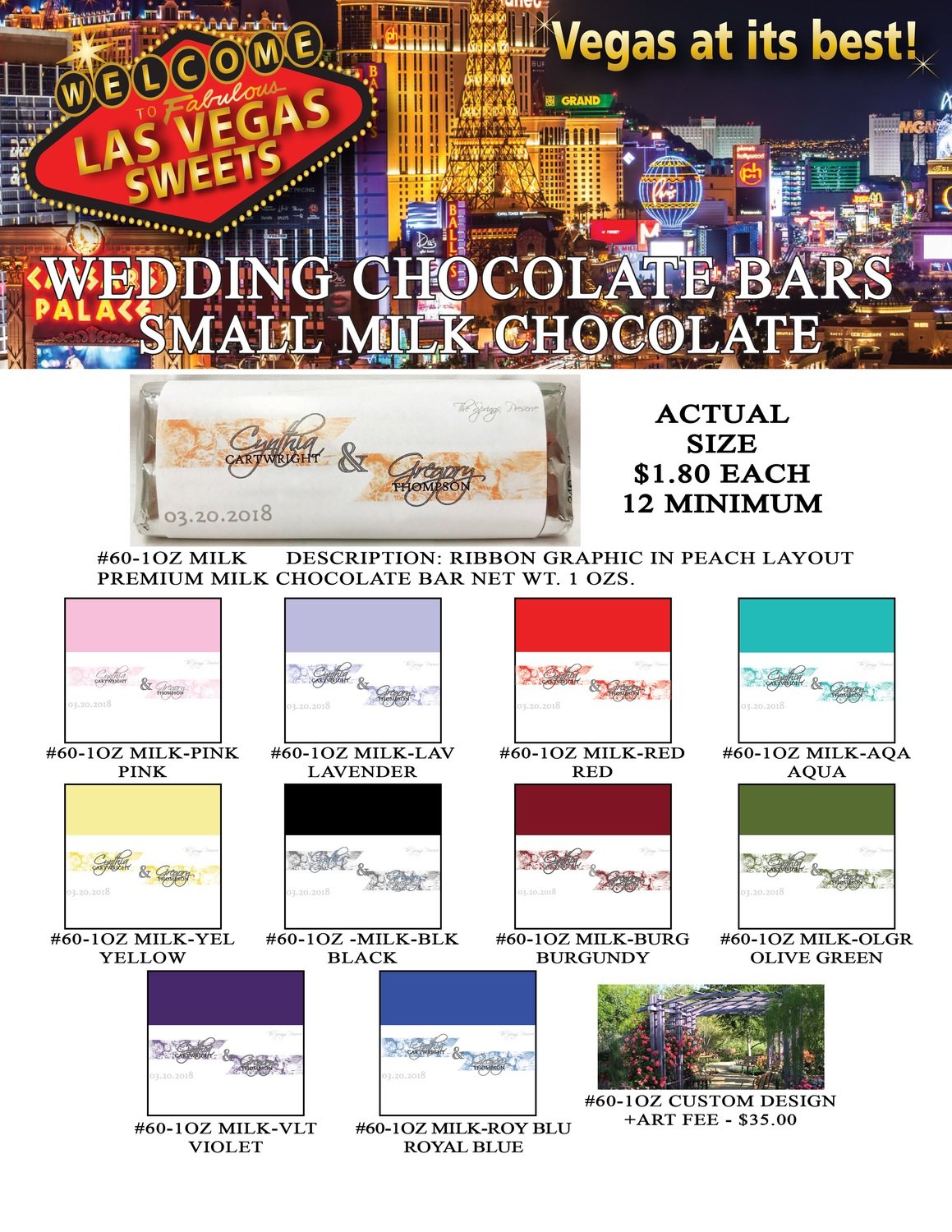 Las Vegas Wedding Bar - Small 1.0oz Milk Chocolate Ribbon Design