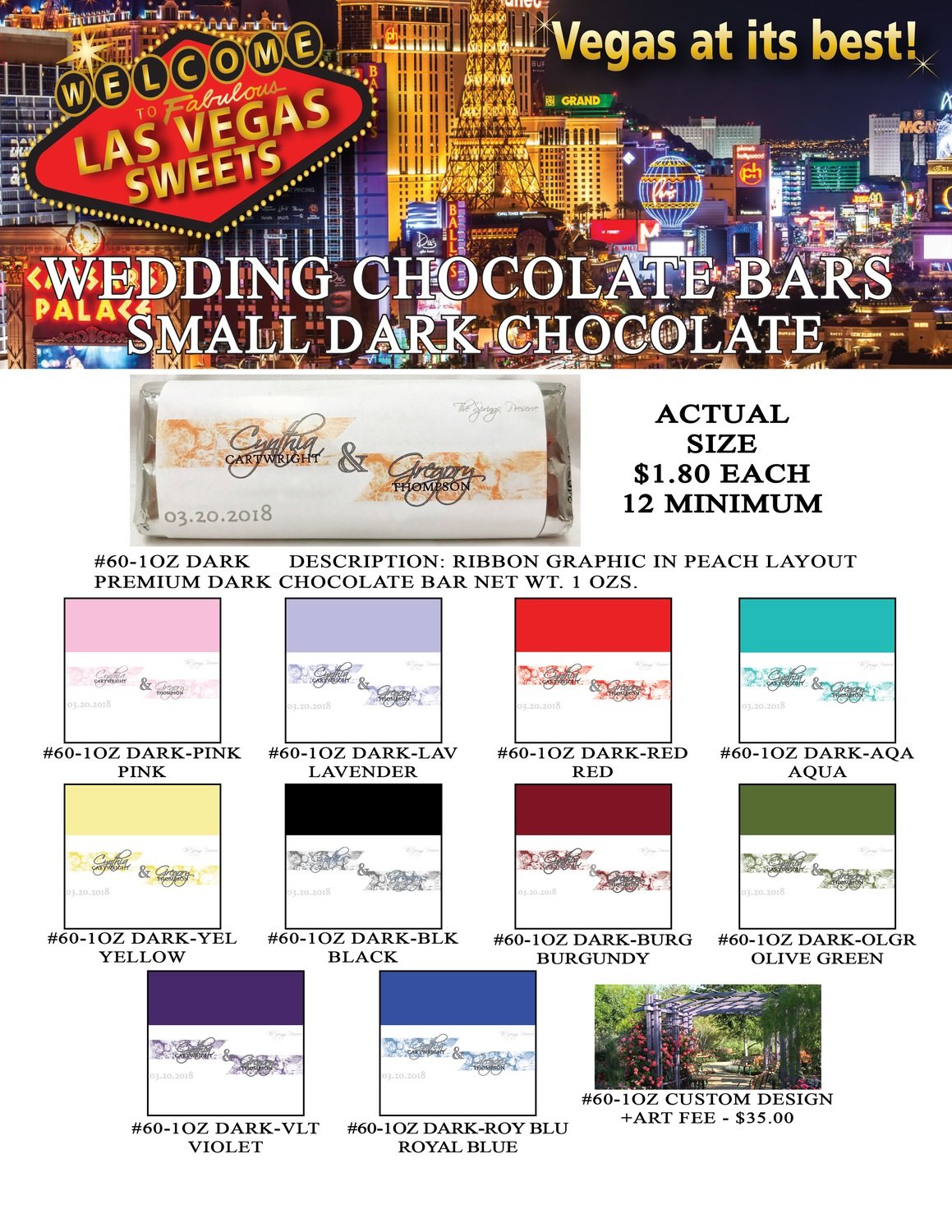 Las Vegas Wedding Bar - Small 1.0oz Dark Chocolate Ribbon Design