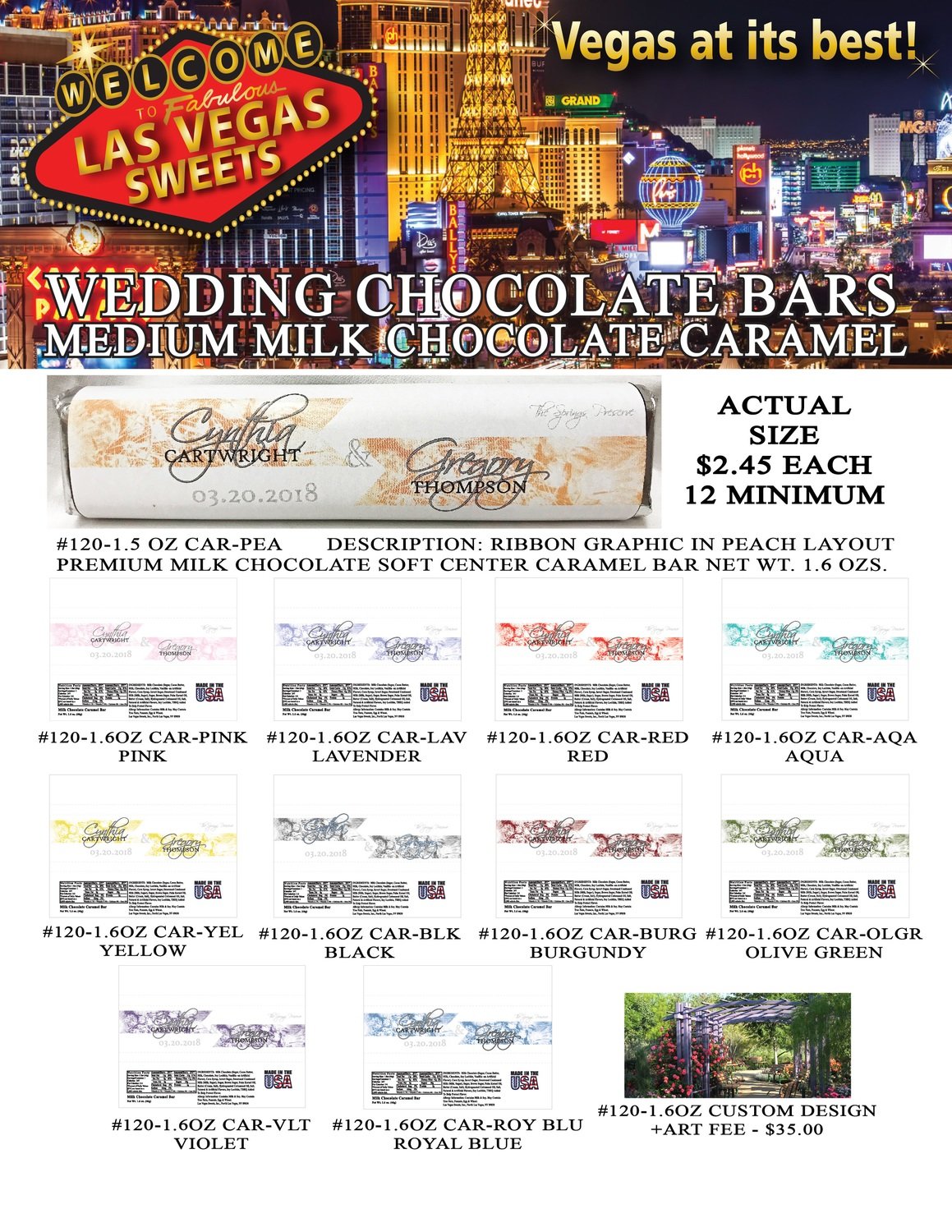 Las Vegas Wedding Bar - Medium 1.6oz Milk Chocolate Caramel Ribbon Design