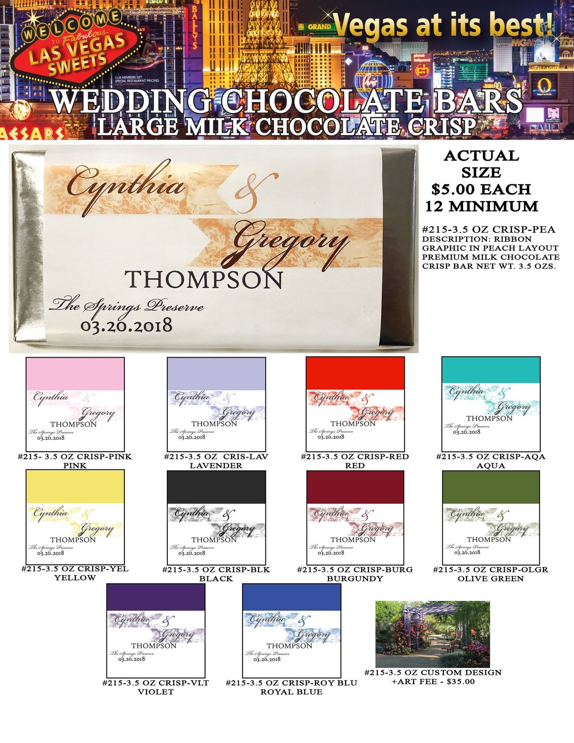 Las Vegas Wedding Bar - Large 3.5oz Milk Chocolate Crisp Ribbon Design