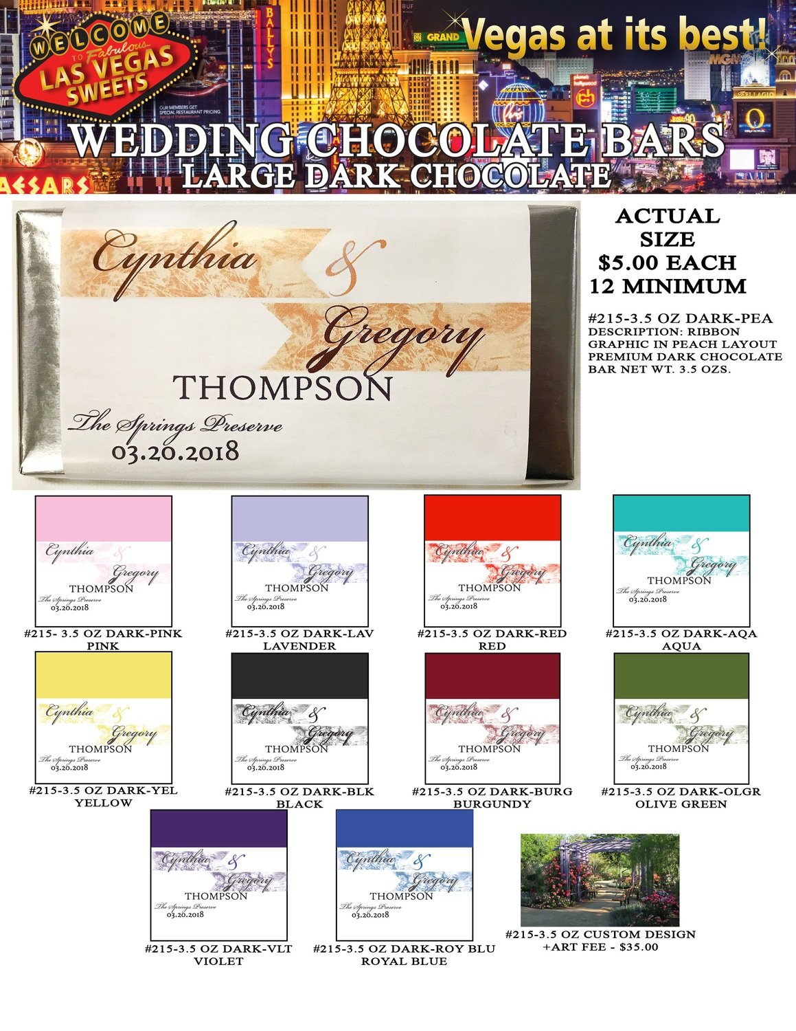 Las Vegas Wedding Bar - Large 3.5oz Dark Chocolate Ribbon Design