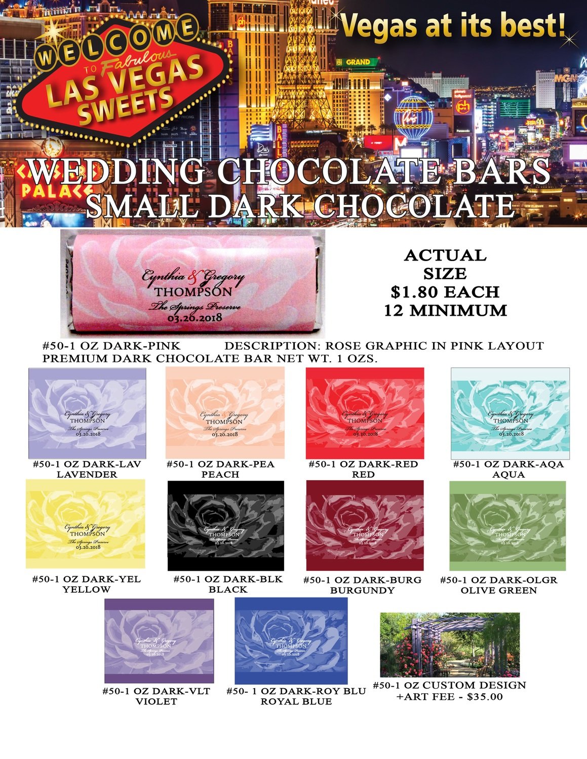 Las Vegas Wedding Bar - Small 1.0oz Dark Chocolate Rose Design