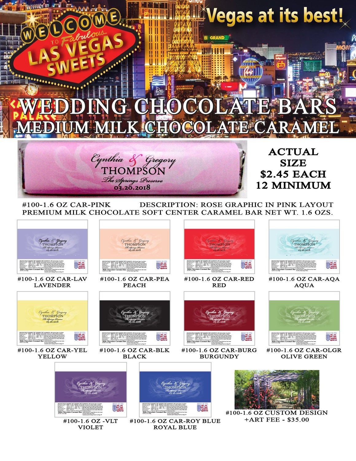 Las Vegas Wedding Bar - Medium 1.6oz Milk Chocolate Caramel Rose Design