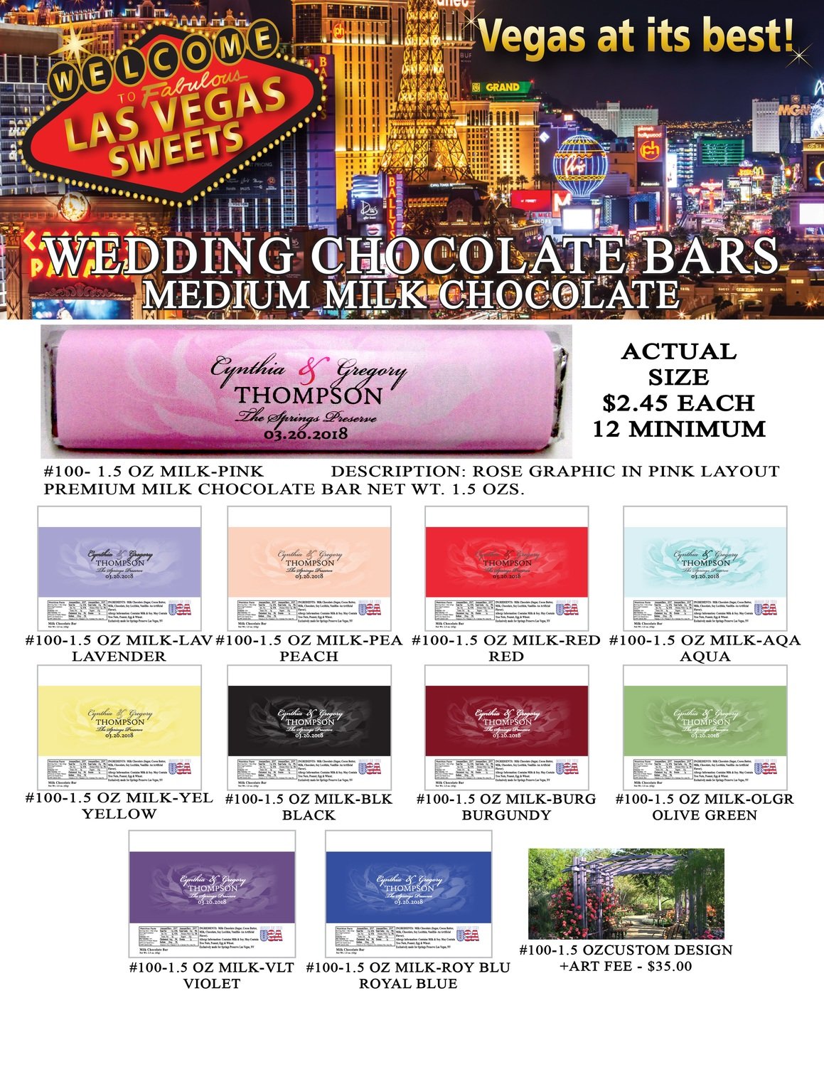 Las Vegas Wedding Bar - Medium 1.5oz Milk Chocolate Rose Design