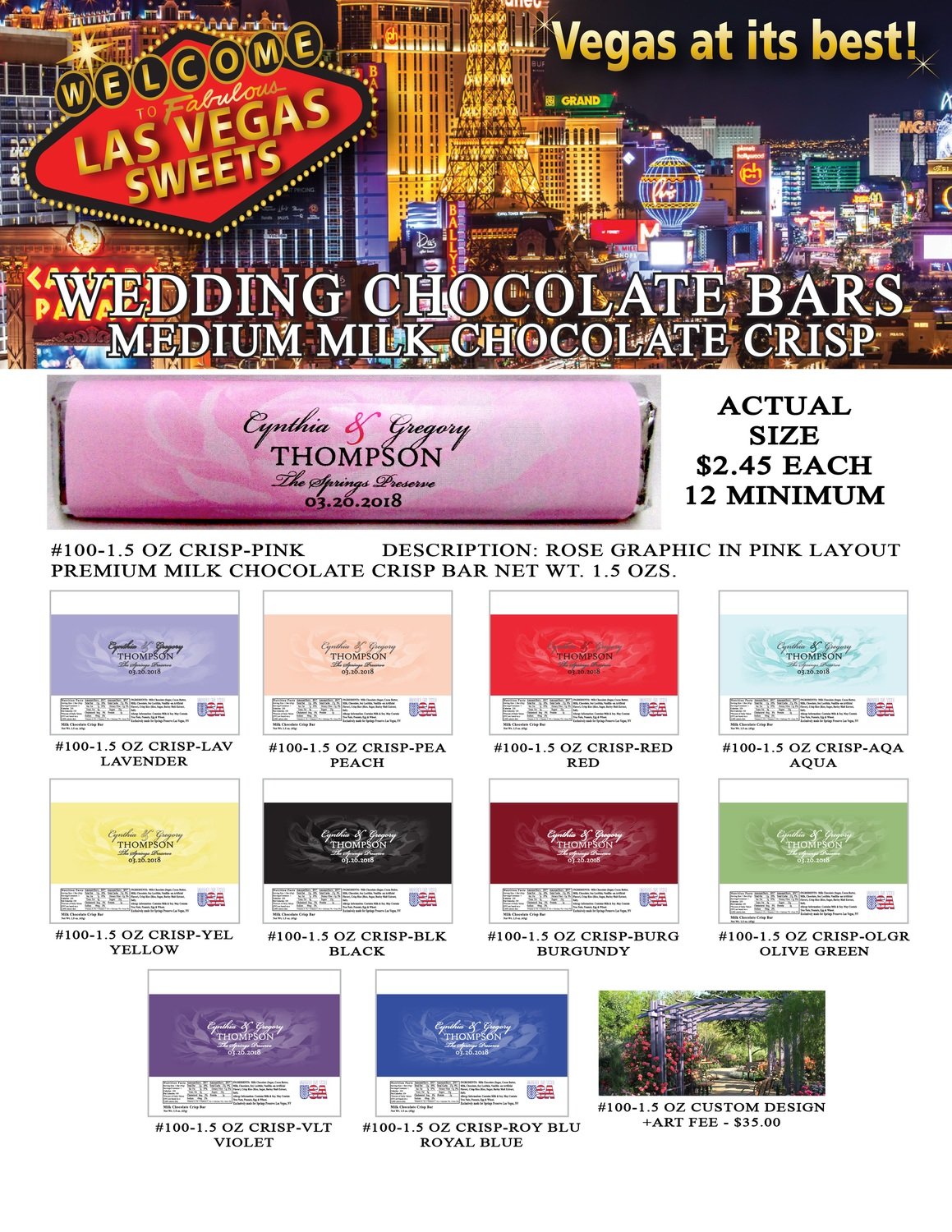 Las Vegas Wedding Bar - Medium 1.5oz Milk Chocolate Crisp Rose Design