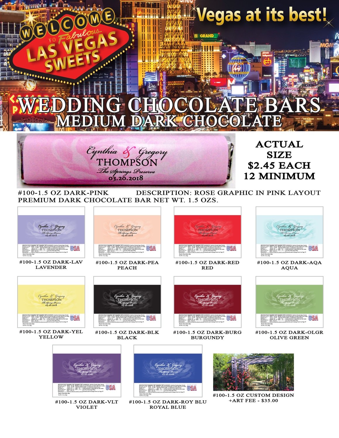 Las Vegas Wedding Bar - Medium 1.5oz Dark Chocolate Rose Design
