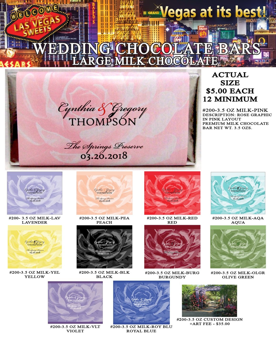 Las Vegas Wedding Bar - Large 3.5oz Milk Chocolate Rose Design