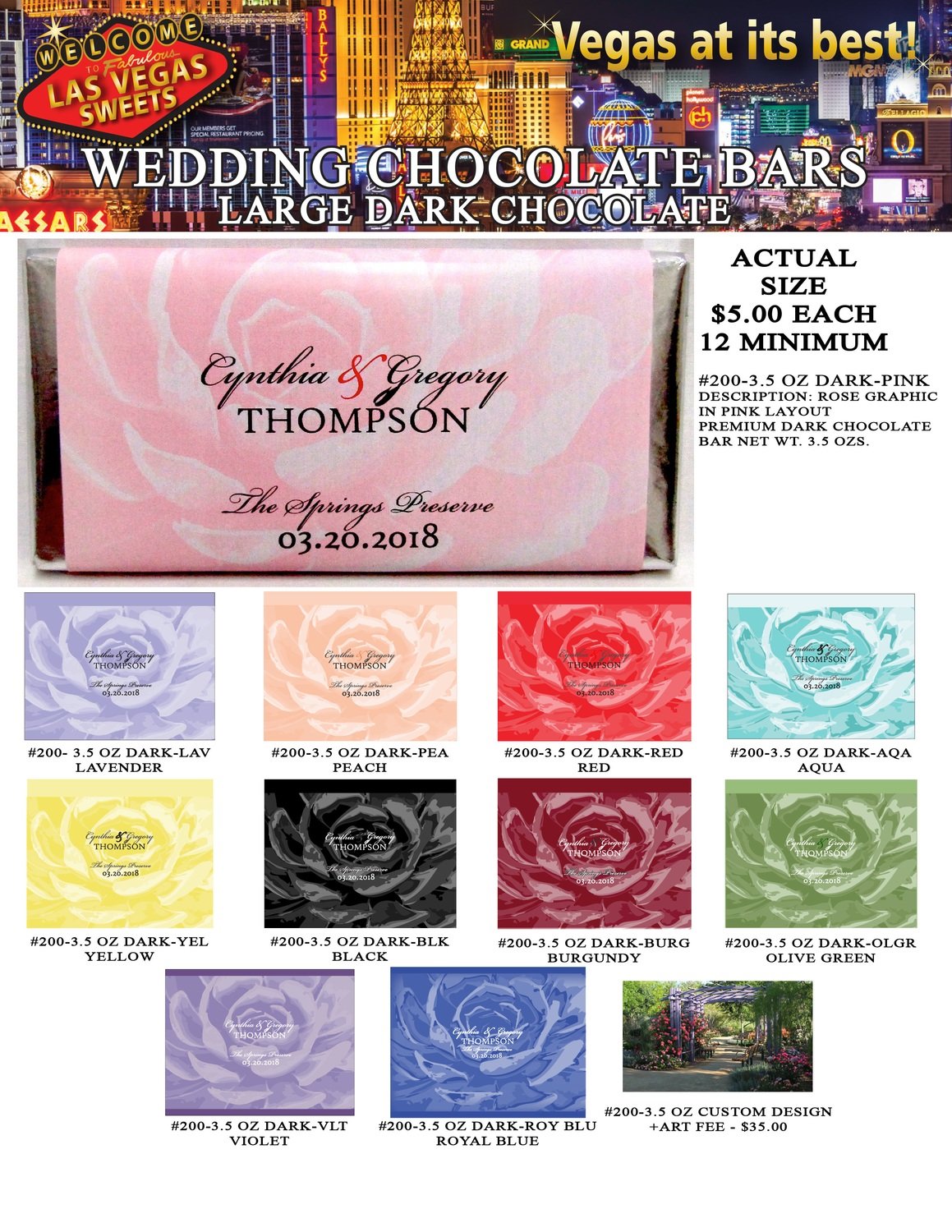Las Vegas Wedding Bar - Large 3.5oz Dark Chocolate Rose Design