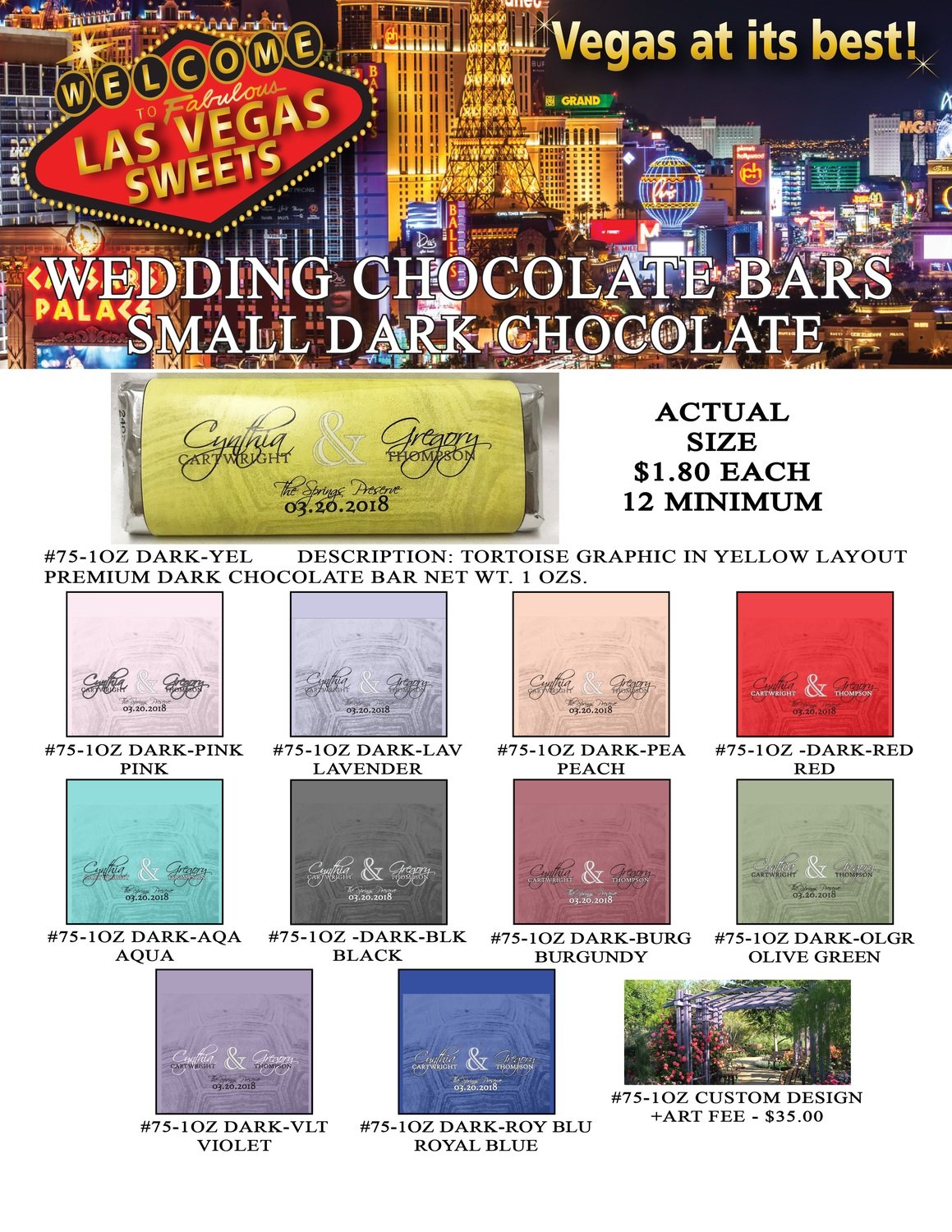 Las Vegas Wedding Bar - Small 1.0oz Dark Chocolate Tortoise Design