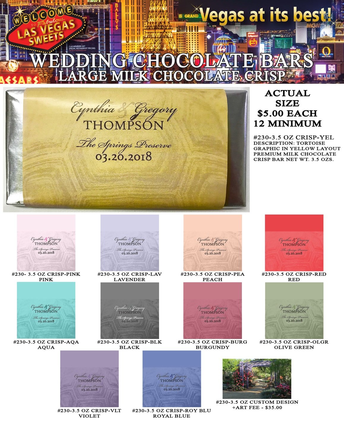 Las Vegas Wedding Bar - Large 3.5oz Milk Chocolate Crisp Tortoise Design