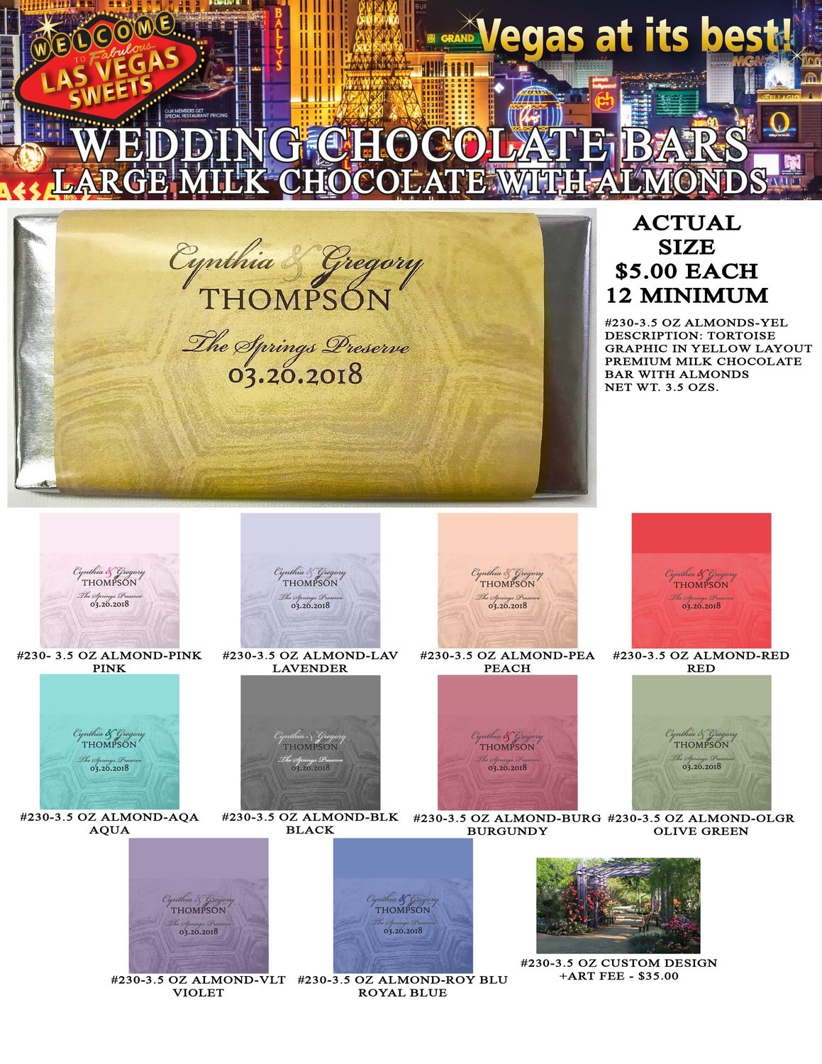 Las Vegas Wedding Bar - Large 3.5oz Milk Chocolate Almond Tortoise Design