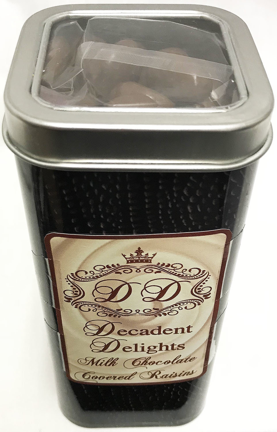 Brown 2.5" Wide X 2.5" Wide X 5.5" Height Crocodile Tin Filled With Milk Chocolate Covered Raisins 6 Ozs .
