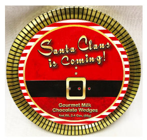 Santa Claus Is Coming Gold Medallion Tin Filled With Gourmet Milk Chocolate Wedges