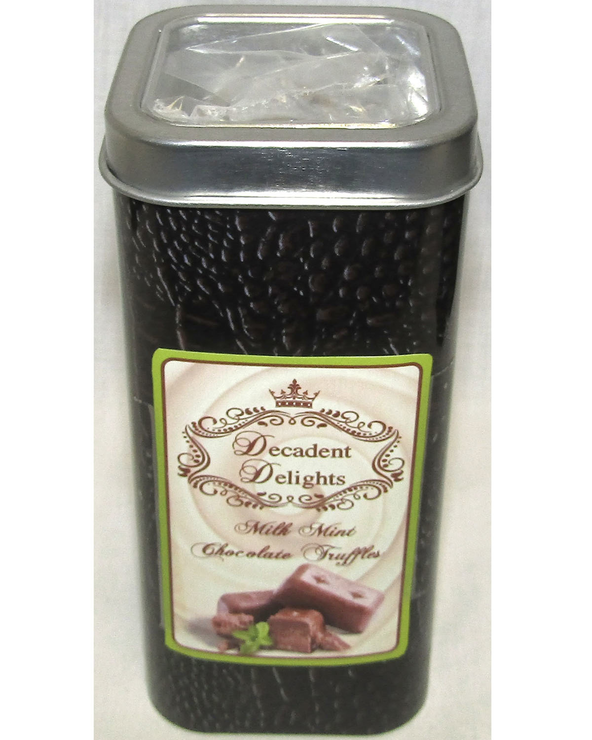 ​Brown 2.5" Wide X 2.5" Wide X 5.5" Height Crocodile Tin Filled With Milk Chocolate Mint Truffles 3.25 Ozs.