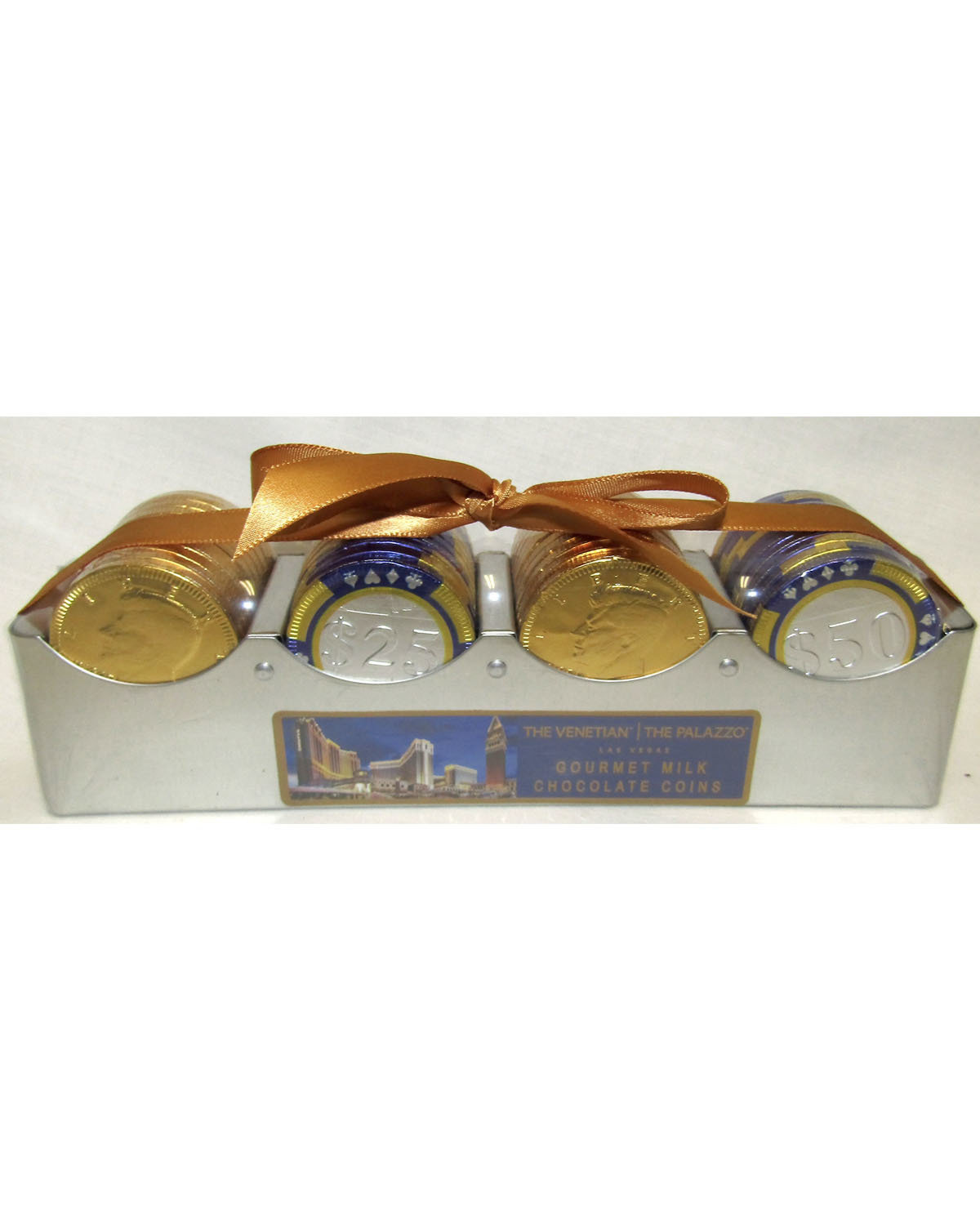 Silver 4 Row 7.75" Length X 2.25" Height Rack Filled With Gourmet Milk Chocolate Coins (44 Pcs)
