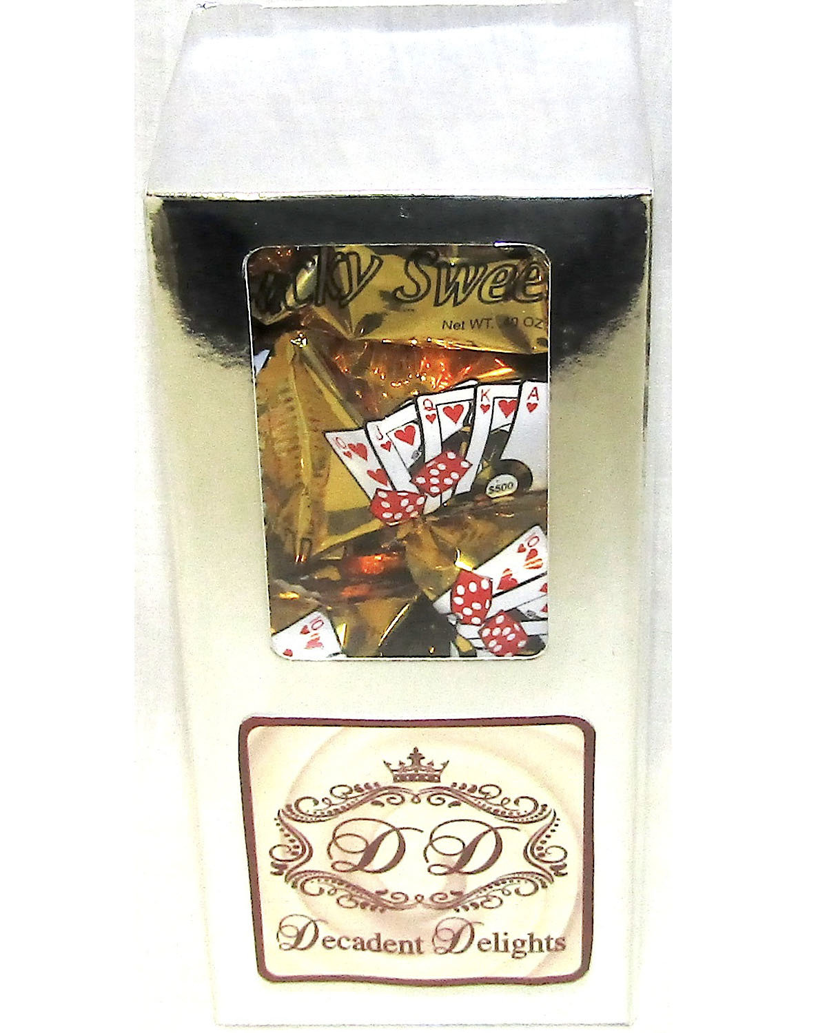 ​Silver Foil 2.5" Wide X 2.5" Wide X 5.5" Height Box Filled With Royal Flush Gold Foil Wrapped Milk Chocolate Mint Truffles ​12 Pieces