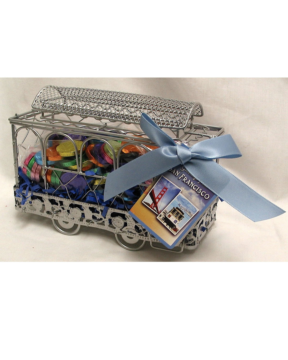 Silver Wire 6" Lenght X 4.5" Height Cable Car Filled With Small Gourmet Milk Chocolate Coins (125 Pcs)