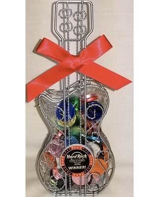 Silver Wire 8.75" Height Guitar Filled With Small Gourmet Milk Chocolate Coins (87 Pcs),