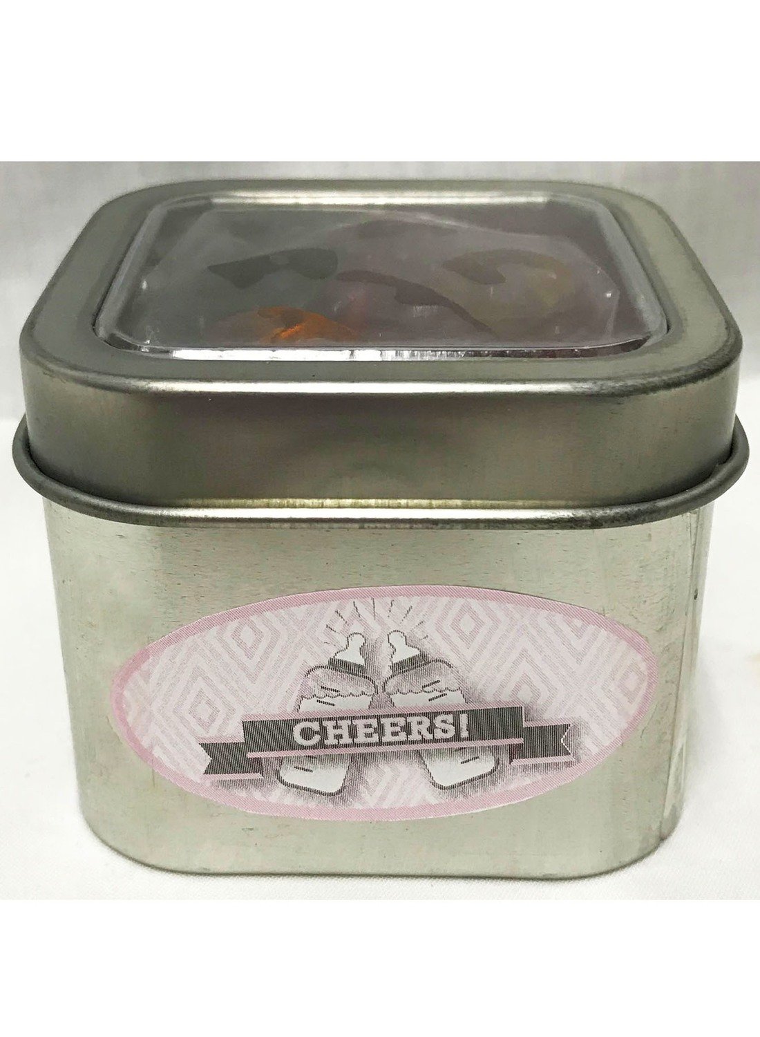 Pink Baby Bottle Short Silver Tin Filled with Any Candy