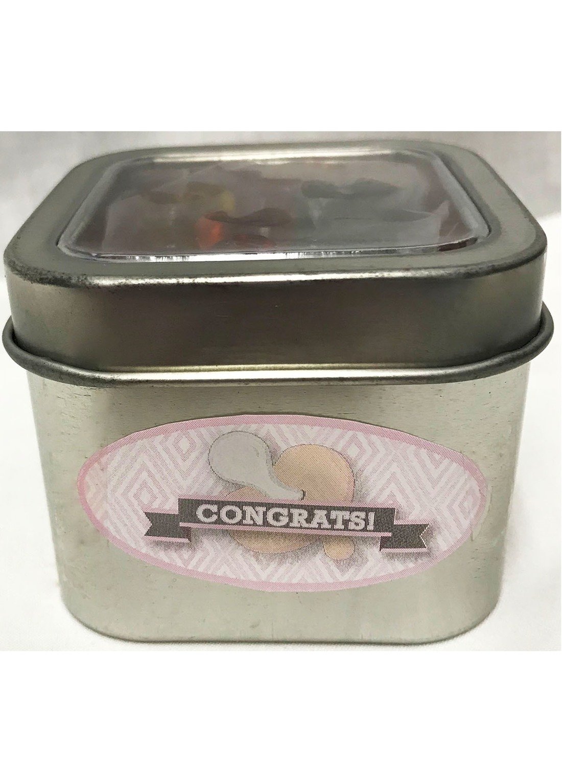 Pink Baby Pacifier Short Silver Tin Filled with Any Candy