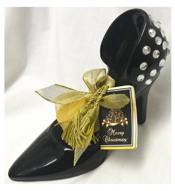 XMAS Tree Black Ceramic Heel Bank with Elegant Gold Bag with Chocolate Coins