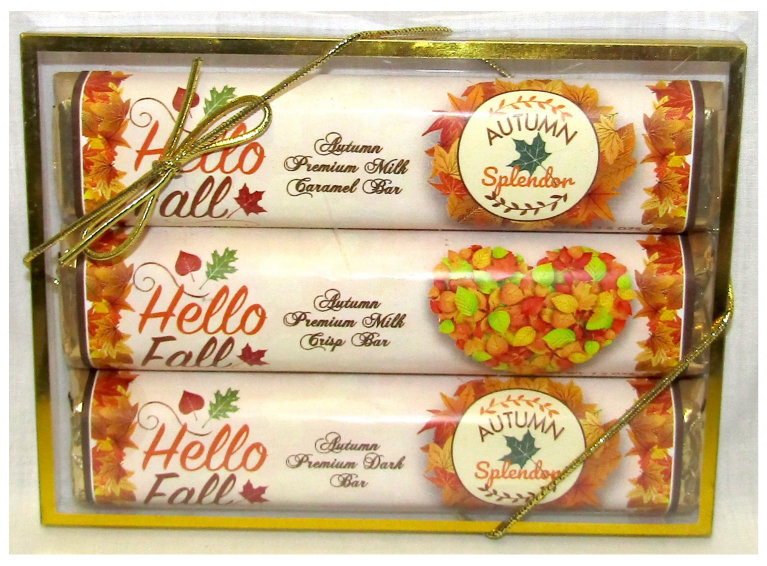 Fall 3 Pack Candy Bars (Milk Chocolate Caramel, Crisp, & Dark) Acetate Box 5 11/16" L  x4 3/16" W