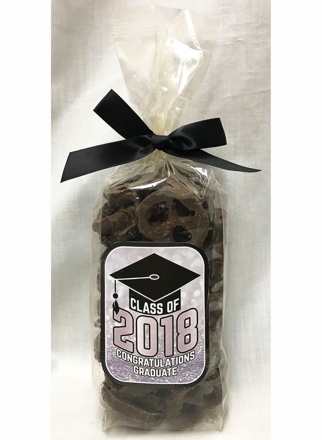 Silver Graduation Bag of Milk Chocolate Covered Pretzels