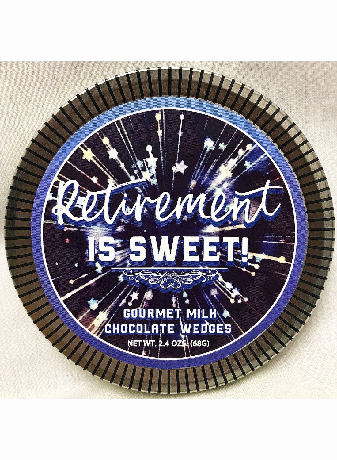 Retirement is Sweet! 4.5" Round Medallion Tin Filled with Gourmet Milk Chocolate Wedges