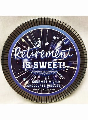 Retirement is Sweet! 4.5" Round Medallion Tin Filled with Gourmet Milk Chocolate Wedges