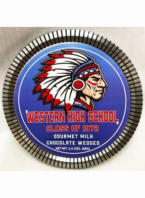 High School Reunion 4.5" Round Medallion Tin Filled with Gourmet Milk Chocolate Wedges