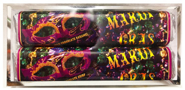 Mardi Gras 2 Pack Candy Bars (Caramel & Crisp) 5 11/16" x 2 9/16" Gold Acetate Box