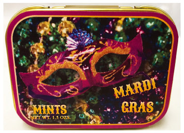Mardi Gras Gold Tin Filled with Mints 3 316" x 2 9/16" Tin
