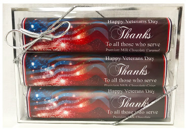 Veteran's Day 3 Pack Candy Bars (Caramel, Crisp, & Dark) 5 11/16" x 4 3/16" Acetate Box