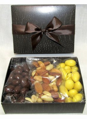 Brown 5" Length X 4" Wide Crocodile Box Filled with Dark Chocolate Raisins, Mixed Nuts & Lemon Chocolate Covered Almonds