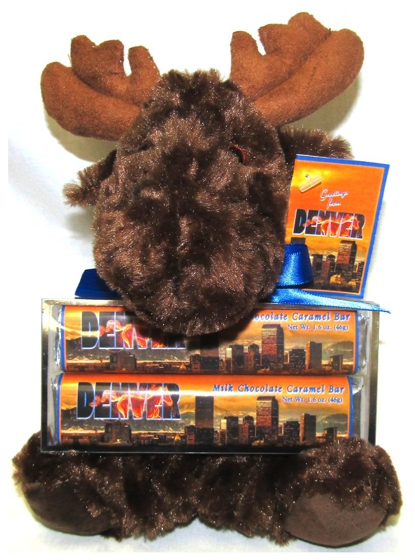 Denver Large Plush Moose with 2 Pack Candy Bars, Ribbon, & Card Tag