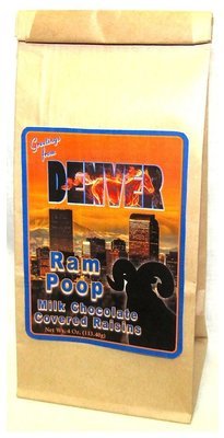 Denver Ram Poop Brown Bag Filled With Milk Chocolate Covered Raisins